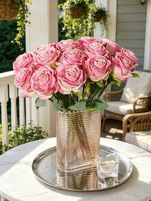 7/4/3/2/1 Pc Artificial Coral Pink Flame Rose, Mother's Day Decoration, Wedding Season, Graduation, Gift, Candlelight Dinner, Tabletop, Centerpiece, Plastic Flowers, School Dormitory Office Decoration, Outdoor Party Event Holiday Birthday Party Deco - Coral Pink - View 3