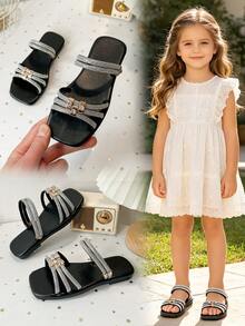 Kids' Rhinestone Multi-Strap Square Toe Flat Slide Sandals, Open Toe Slip-On Summer Casual Fashion Slides For Girls - Black - View 3