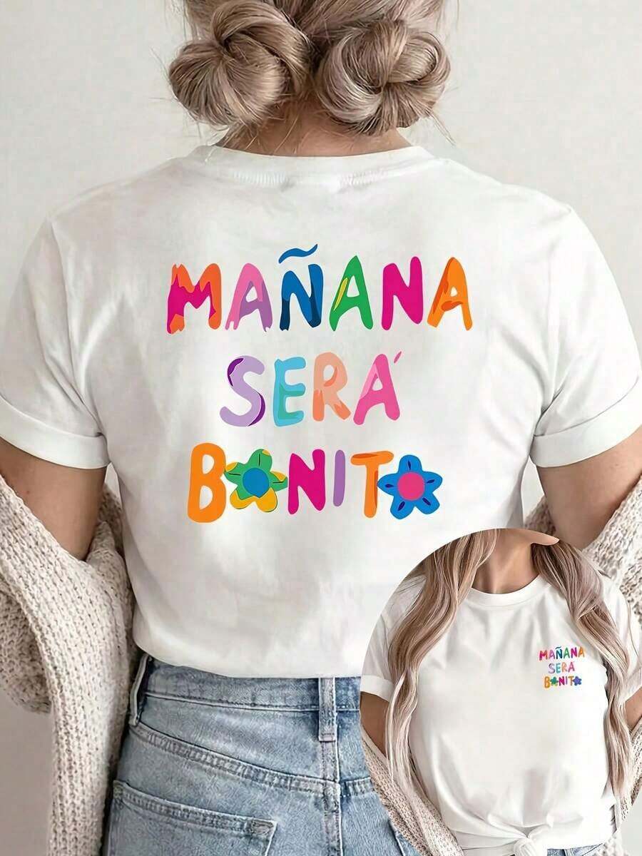 HERARIUM [Double-Sided Print] Women's T-Shirt, Casual Short-Sleeve Round Neck Top, Colorful "TOMORROW WILL BE BEAUTIFUL" Print, Washable, Suitable Casual Wear, Multipurpose T-Shirt, Comfortable Material, For Fashion Enthusiasts - 白色 - 查看 1