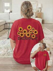 [Double-Sided Print] Women's Casual Spring And Summer Style Crew Neck Short Sleeve T-Shirt With Sunflower Motifs, Bright Sunlight And Vibrant Life. Printed T-Shirt, Breathable And Machine Washable Fabric, Suitable For Comfortable Wear In All Seasons - Casual Retro Style, Unisex, Comfortable Cotton Short-Sleeved Crew Neck T-Shirt. - 紅色 - 查看 6