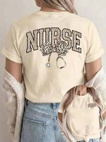 [Impresión a Doble Cara] Ropa Casual Holgada de Primavera/Verano para Mujer, Camiseta de Manga Corta con Cuello Redondo, con la Inscripción NURSE y Estampado de Leopardo - Albaricoque - Ver 7