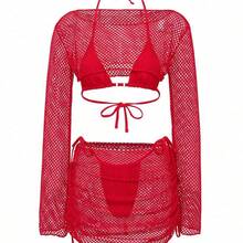 Swim  4pcs/Set Women's Sexy Bikini Set With Red Mesh Fabric And Solid Burgundy Design, Beach Swimwear Vacation Two Piece Set Beach Two Piece Set Cream Two Piece Set White Cover Up Swimsuit Swim Cover Up Set - Blanco - Ver 5