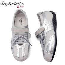 joy&mario 1雙女款銀色瑪麗珍芭蕾平底休閒鞋,輕量透氣拼色休閒鞋,魔鬼氈與繫帶設計,適合日常穿著與街頭風格 - J&M - 銀色 - 查看 6