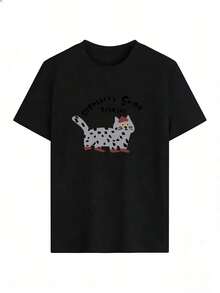 Camiseta de Manga Corta con Dibujo de Gato Divertido y Caligrafía Negra,Camiseta de manga corta de moda para primavera y verano de 2026, hecha en México, 180 gramos. Estampado de dibujos animados, modelo de pareja, apta para uso interior o exterior. Cuello redondo, unisex, ideal para oficina y ocio. Paquete de una pieza. - BK-P631577SLNDXZGY388 - Ver 2