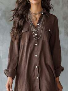 Plus Size Women's Brown Long Sleeve Polyester Button-Up Shirt Dress, Lapel Collar, High-Low Hem Design, With Pockets - Brown - View 3