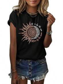 1PieceFashionCasualForMenAndWomenMaQiYaWomenGraphicTeeSummerVintageShortSleeveCottonMoonandSunPrintedTShirtTop Versatile, Easy To Match, Suitable For Daily Wear, Urban Style, Holiday Outfits, Weekend Outfits. - 黑色 - 查看 1