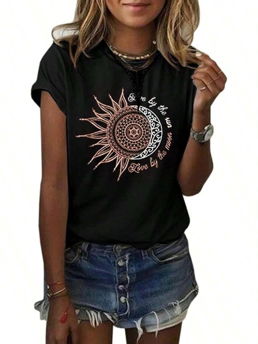 1PieceFashionCasualForMenAndWomenMaQiYaWomenGraphicTeeSummerVintageShortSleeveCottonMoonandSunPrintedTShirtTop Versatile, Easy To Match, Suitable For Daily Wear, Urban Style, Holiday Outfits, Weekend Outfits. - 黑色 - 查看 1