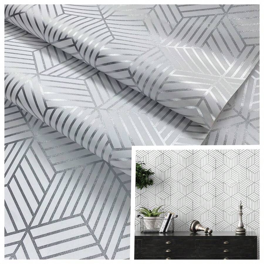 1 cuộn giấy dán tường hình thoi hình học màu bạc, kích thước 17,7in x 118in, chống thấm nước, có thể tháo rời, dùng cho tủ, tường, cầu thang và đồ nội thất.