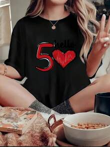 1 pieza de camiseta casual para mujer con estampado gráfico del 50º aniversario de 1975, manga corta, cuello redondo, poliéster de alta elasticidad, negra con diseño de corazón rojo, estilo retro para verano y Y2k. - Negro - Ver 2