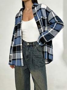Womens Oversized Plaid Flannel Shirt Casual Long Sleeve Button Up Shacket Jacket For Fall Winter Streetwear - Màu xanh lam - Xem 1