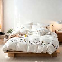 3pcs Soft & Comfortable Natural Washed Crinkle Texture Bedding Set (1*Duvet Cover + 2*Pillowcases, Excluding Filler), Floral Botanical Countryside Style, Suitable For Bedroom, Guest Room, Boys & Girls, Machine Washable, All Season - White - View 7
