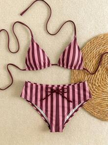 Nuevo conjunto de bikini con estampado de lunares sexy, espalda descubierta y lazo, con tirantes de espagueti para playa y piscina en vacaciones - Color caoba - Ver 3