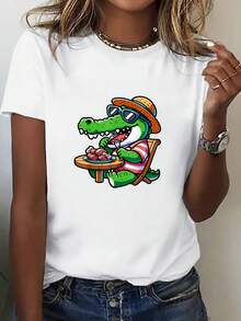 Uniezara Women's Short-Sleeved Printed T-Shirt, Round Neck T-Shirt With A Fun "Wooden Spoon" Print, Vintage-Style Everyday Clothing Item. Comfortable Basic Spring/Summer T-Shirt, Short-Sleeved Printed T-Shirt For Outdoor Activities - 白色 - 查看 1