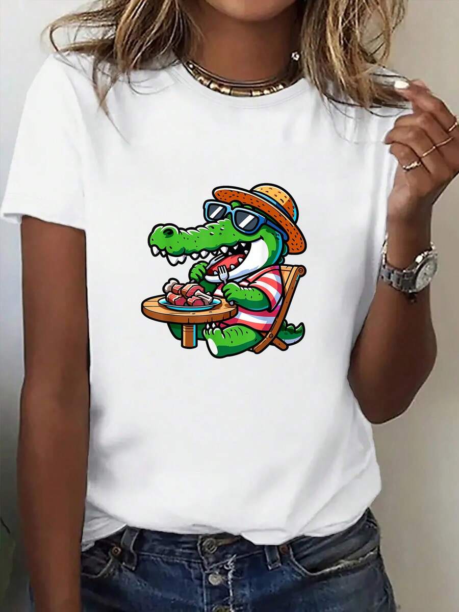 Uniezara Women's Short-Sleeved Printed T-Shirt, Round Neck T-Shirt With A Fun "Wooden Spoon" Print, Vintage-Style Everyday Clothing Item. Comfortable Basic Spring/Summer T-Shirt, Short-Sleeved Printed T-Shirt For Outdoor Activities - 白色 - 查看 1