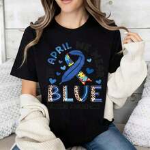 In April, We Wore The Blue Autism Awareness Ribbon And The Puzzle Piece Print T-Shirt. This Casual, Crew-Neck, Short-Sleeved T-Shirt For Women Is Perfect For Autism Awareness Month In The Summer. Breathable And Comfortable, This T-Shirt Is Made Of Pure Cotton, Making It Soft And Comfortable Against The Skin. - 黑色 - 查看 2