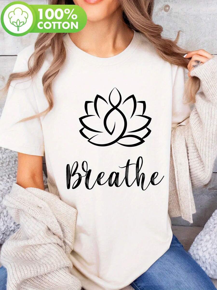 Camiseta de Mujer con Estampado de Flor de Loto en Blanco y - Aodón 100% Transpirable, Manga Corta y Cuello Redondo para Yoga, Meditación y Uso Diario - Esencial Lavable a Máquinarrimavera y Verano, Camiseta Casual, Aodón