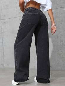 ICON Pantalones vaqueros de pierna ancha de unicolor, con bolsillos en ángulo, versátiles y casuales - Negro 3 - Ver 3