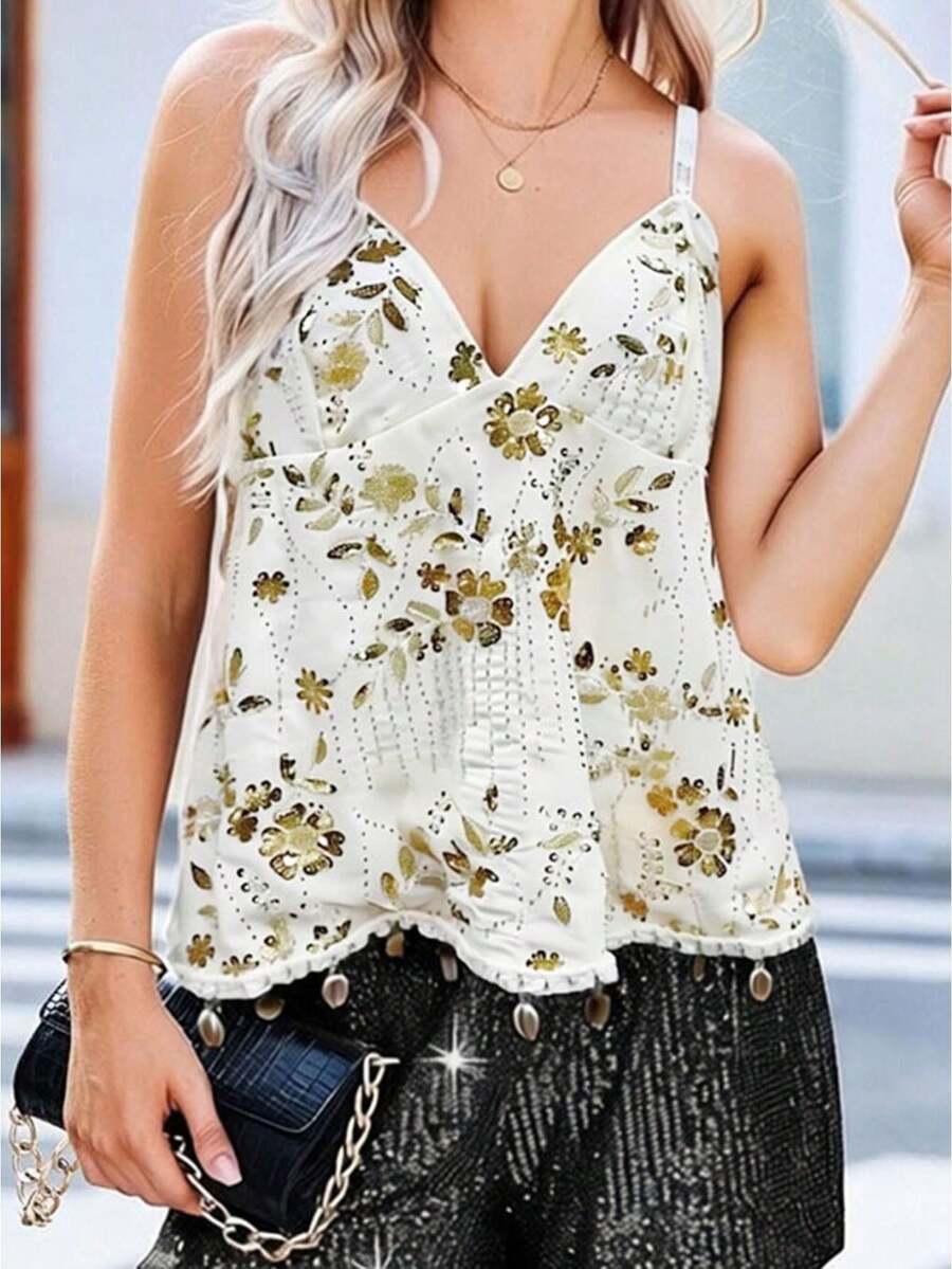 Camisetas de tirantes para mujer con escote en V profundo, sin mangas, con lentejuelas y bordado floral, dobladillo con borlas y estilo fluido para el verano. - Blanco - Ver 1