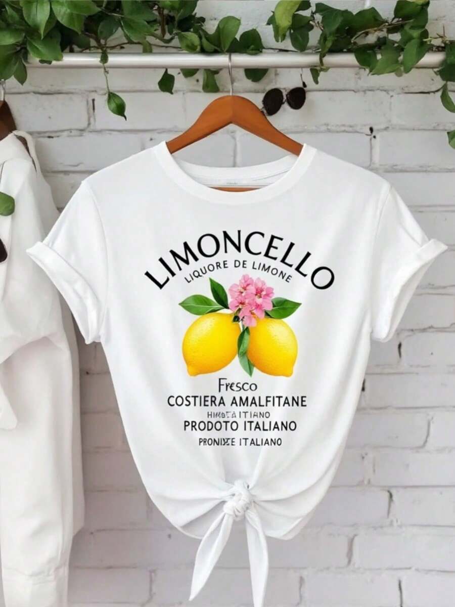 1 pieza de camiseta italiana Limocello para mujer | Tela suave con estampado de limones, estilo casual, adecuada para todas las estaciones, patrón geométrico, corte holgado, 180g 100% algodón. - Blanco - Ver 1