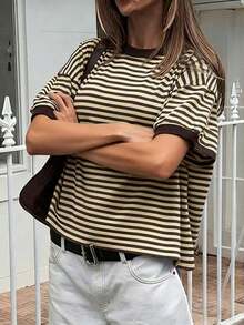 casual de mujer  de cuello redondo holgado, camiseta de manga corta a rayas con parches minimalista de color contrastante, adecuada para uso diario, ir al trabajo y verano en casa, color rosa - Marrón - Ver 3