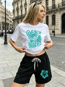 Women's Casual Minimalist Daily Graphic Loose T-Shirt And Shorts 2 Pieces Set, Teal Beach Vacation Printed Tee With Matching Hibiscus Shorts Set Outing Top And Shorts Set, Suitable For Dates, Gatherings, Parties, Graduation, Birthday, Vacation, Mother's Day Summer, Women Clothes, T-Shirt And Shorts Set For Summer - 白色 - 查看 1