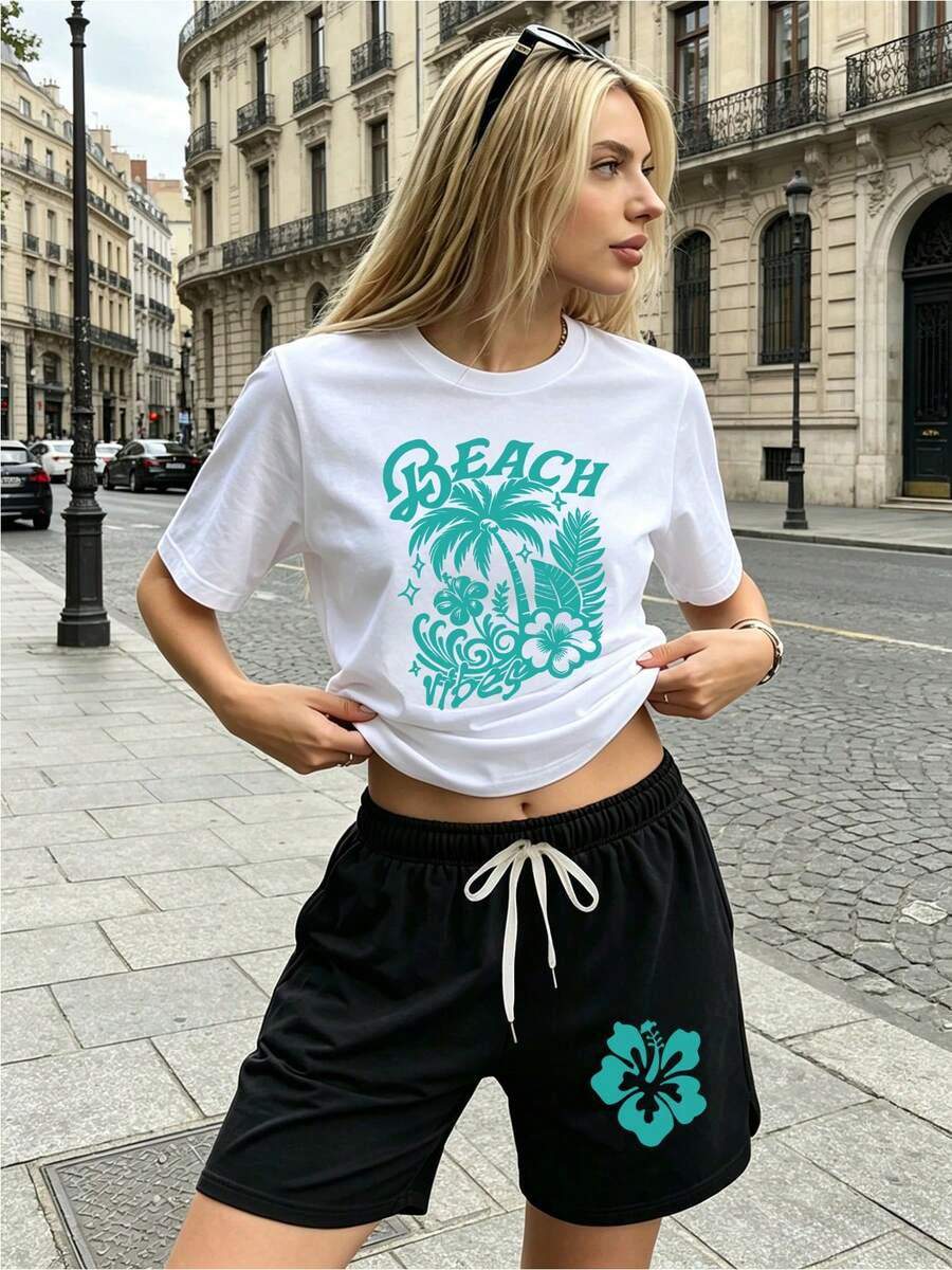 Women's Casual Minimalist Daily Graphic Loose T-Shirt And Shorts 2 Pieces Set, Teal Beach Vacation Printed Tee With Matching Hibiscus Shorts Set Outing Top And Shorts Set, Suitable For Dates, Gatherings, Parties, Graduation, Birthday, Vacation, Mother's Day Summer, Women Clothes, T-Shirt And Shorts Set For Summer - 白色 - 查看 1