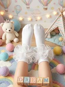 1 Pair Girls' Socks With Ruffle Floral Trim, Princess Baby Socks - White - View 2