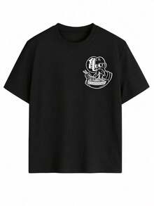 Women's Round Neck Printed Short Sleeve T-Shirt, Casual Loose Fit, Super Soft & Comfortable Fabric, Ins Street Fashion Style, Classic All-Match Graphic Tee, Breathable Lightweight Daily Basic Top, Perfect For Daily Wear, Casual Vacation, Office Commute, Outdoor Going Out, Weekend Gathering, Shopping And Leisure Activities, Ladies  Oversized Casual Pullover T-Shirt - 黑色 - 查看 3