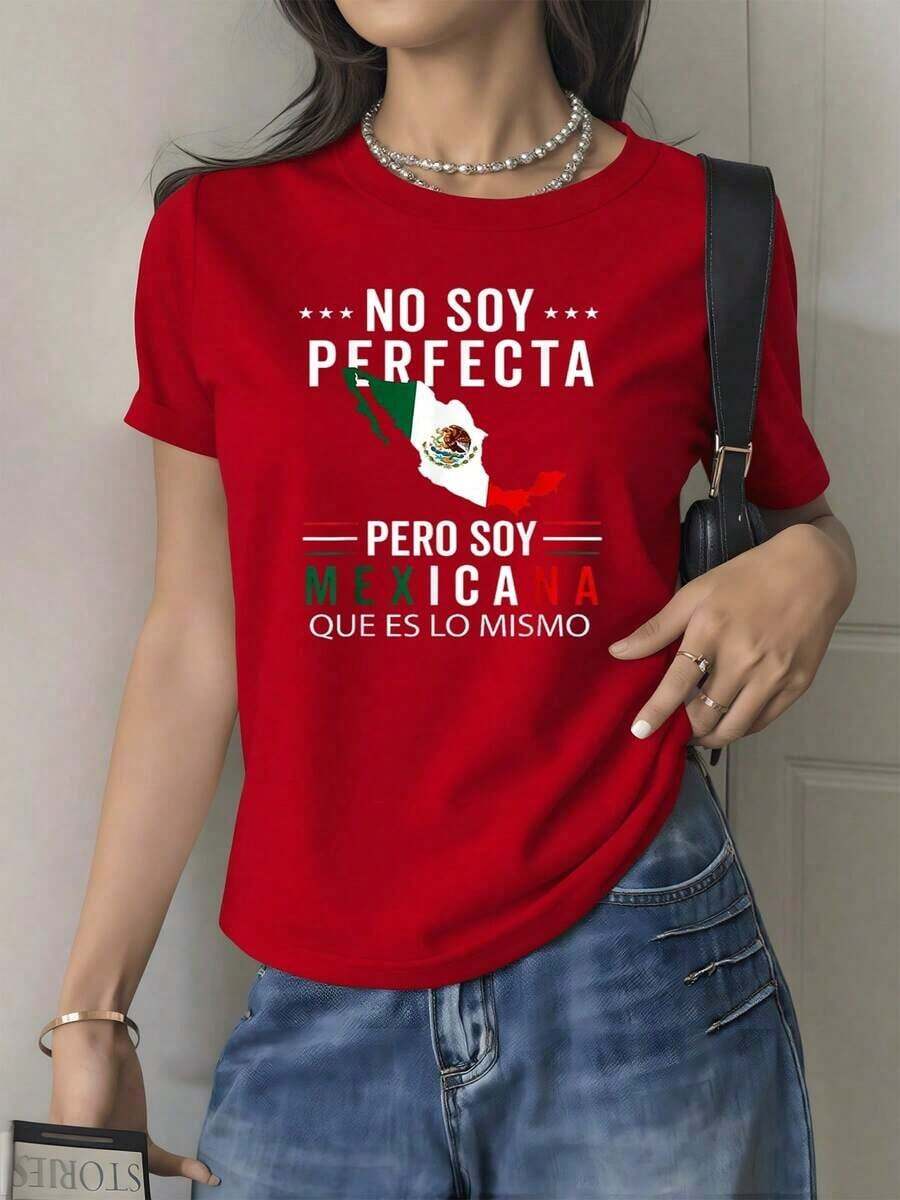 Map Of Mexico With National Flag And Phrase Expressing Feminine Pride And Authenticity, Showing Love For The Country And Self-Confidence. Women's T-Shirt, 100% Cotton. - 紅色的 - 查看 1