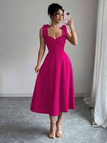 elegante y romántico para mujer con lazo decorativo en la cintura y corte evasé sin mangas - Rosa Fucsia - Ver 4