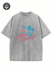 Camiseta Gráfica Vintage 'Aloha Hawaii' para Hombre - Corte Holgado y Relajado, 100% Algodón, Manga Corta, Estilo Casual Urbano con un Diseño de Palmera Brillante, Ideal para el Verano y Uso Diario - Gris Claro - Ver 6