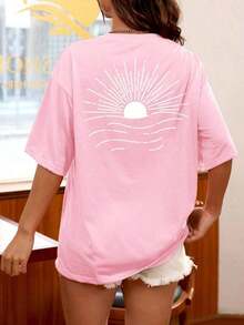 2026 Plus Size Women's Graphic T-Shirt, Casual Loose Summer Tee, Round Neck, Oversized, Soft Cotton, Everyday Wear, Cute Print, Vacation, - 粉色 - 查看 3