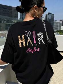 Women's Casual Hair Stylist Leopard Zebra Print Black Round Neck Short Sleeve T-shirt Made from Knitted Fabric - Negro - Ver 4