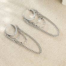 Vintage Tassel 3-Chain Pendant Earrings, Delicate Lip Chain Earring Necklace Hoop Earrings For Women & Teenagers - Silver - View 3