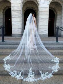 1 Pc Cathedral Length(118inch) Lace Floral Wedding Bridal With Metal Comb Bride Party White Ivory Fall Clothes Women - 多色的 - 查看 2