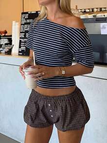 Navy Blue & White Striped Off-Shoulder Women's Summer T-Shirt, Loose Dropped Shoulder Casual Short Sleeve Top, Suitable For Beach Vacation And Leisure - Navy Blue and White Stripes - View 4
