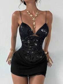 Nuevo vestido camisero romántico y sexy con cuello en pico, contraste de malla brillante y shorts, mini vestido anti-destellos - Negro 2 - Ver 8
