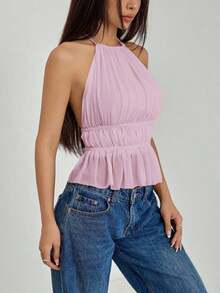 Top de tirantes sin espalda con cuello de halter y cintura anudada plisada para mujer - Púrpura malva - Ver 6