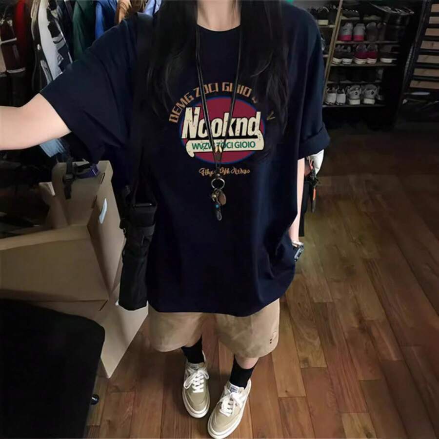 Camiseta de manga corta de algodón puro para mujer de talla grande, diseño de verano, estilo coreano y americano de nicho, corte holgado. - Negro - Ver 1