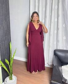 Long Pleated Party Dress - 酒紅色 - 查看 3