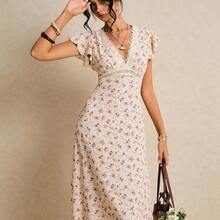 Women's Floral Print V-Neck Elegant Waist Cinched Party & Casual Dress - Multicolor - Ver 2