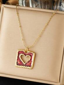 1pc Fashion Sexy Wine Red Drop Oil Gold Plated Square Hollow Heart Pendant Necklace For Women's Daily Wear Jewelry - Burgundy - View 1