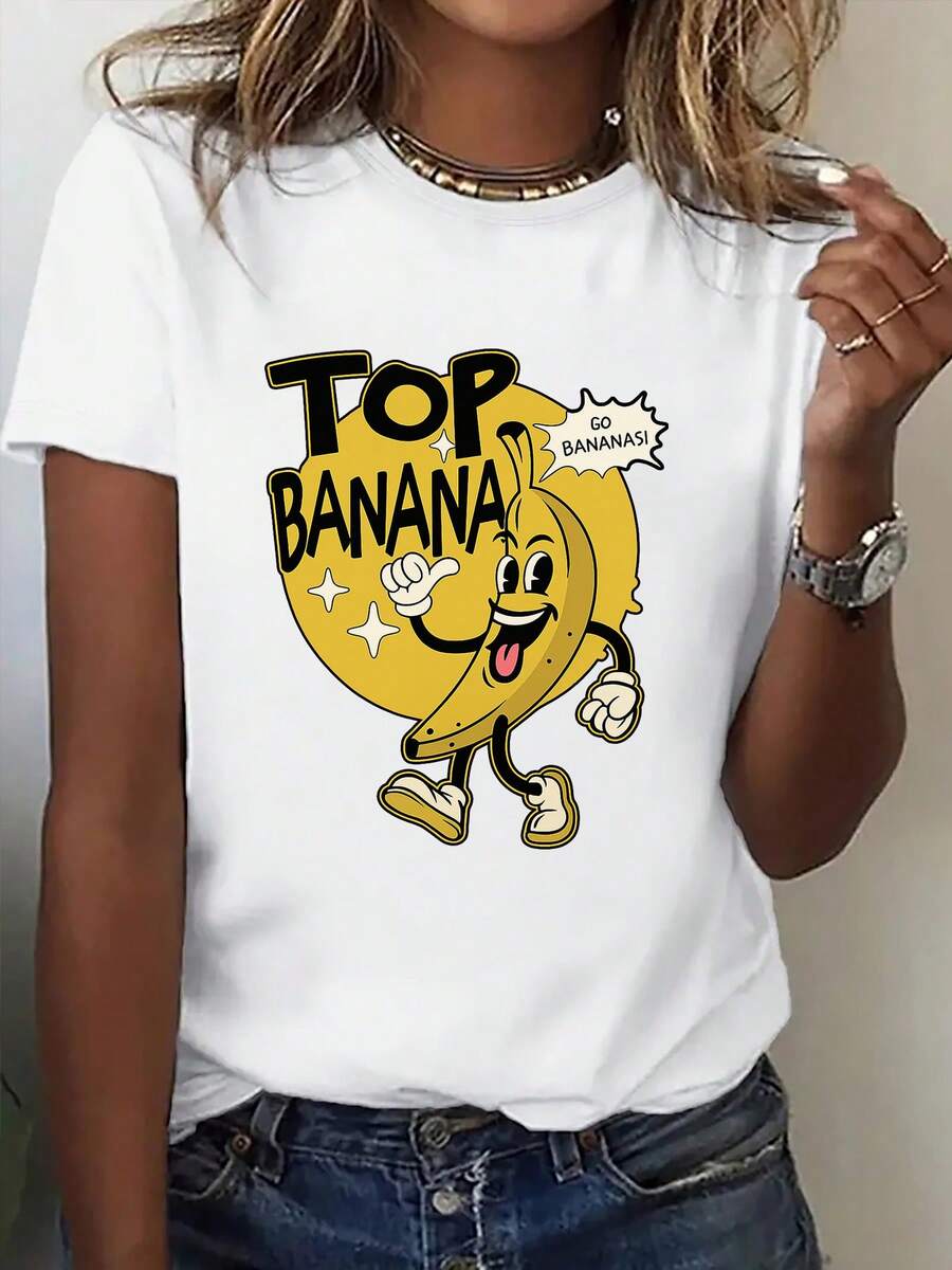 Women's Short-Sleeved Printed T-Shirt, "TOP BANANA" With Banana Print, Simple And Fashionable Round Neck, Comfortable And Versatile For Everyday Wear. Basic Comfortable Spring/Summer T-Shirt, Short-Sleeved Printed For Outdoor Activities, Short-Sleeved Solid Color. T-Shirt - 白色 - 查看 1