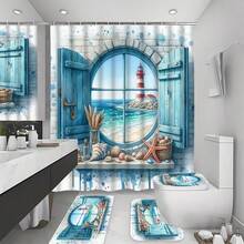 Bộ 4 món rèm tắm họa tiết ngọn hải đăng phong cảnh biển dành cho căn hộ, phòng tắm, khách sạn, bao gồm 12 móc treo, thảm tắm, nắp bồn cầu và thảm chữ U, phụ kiện phòng tắm. - A - Xem 16