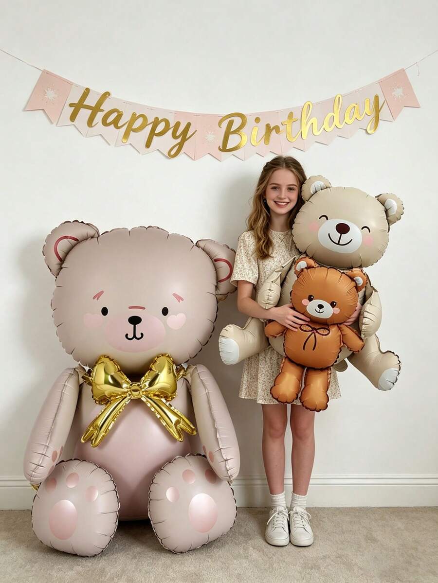 4D Assembled Button Bear Balloon Toy, Cartoon Foil Balloon Set For Children, Suitable For Birthday, Wedding, School Party Decoration - Multicolor - View 1