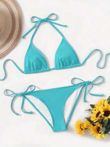 Women's Simple Solid Color Swim Bikini With A Halter Neck And Cutout, Suitable For Beach Vacations And Summer. - Mint Blue - View 3