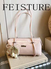 1 buc. Geantă de umăr pentru femei FEISTURE, din material PU, culoare solidă, cu decor floral, potrivită pentru fete, doamne, studente, tineri profesioniști și lucrători de birou, excelentă pentru muncă, afaceri, naveta și școală - Roz - Vizualizare 8