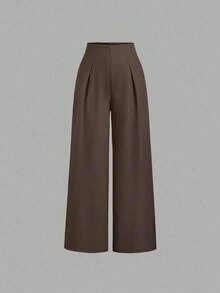 Pantalones anchos casuales de mujer con tela de unicolor texturizada - Marrón - Ver 6