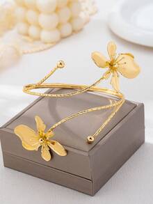 1 buah Gelang Bangle Terbuka Bunga Lima Kelopak Berwarna Putih & Oranye dengan Efek Tetesan Minyak Buatan yang Modis dan Elegan, Cocok untuk Pemakaian Sehari-hari dan Liburan, Pilihan Hadiah yang Sangat Baik (Kotak Hadiah Tidak Termasuk) - Yellow Gold - View 2