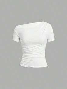 Camiseta de moda ajustada de manga corta con hombros oblicuos de unicolor para mujer - Burdeos - Ver 4
